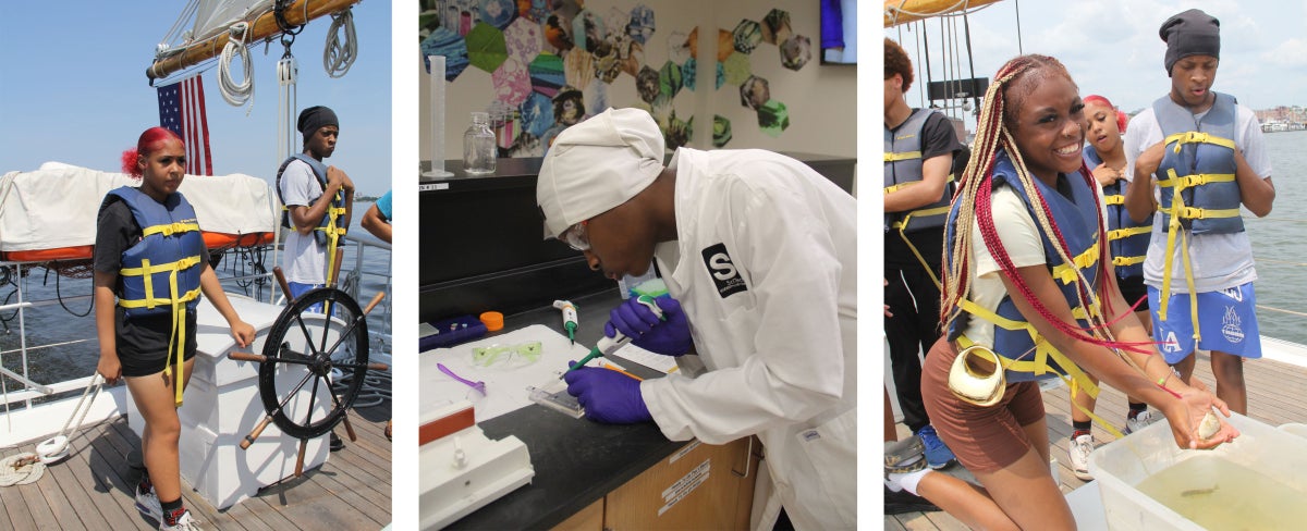 Left: Two students wearing lifejackets stand at the wheel of a sailboat and help steer; Middle: A young man in a lab coat leans over a lab bench and uses a pipette;  Right: A young woman standing on a sailboat holds a small fish in her hands over a container of water