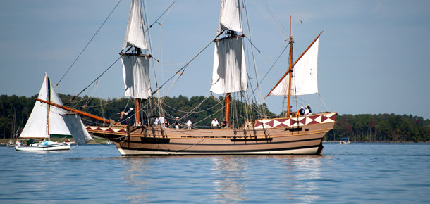 two sailboats, one contemporary, one a replica of a colonial era boat